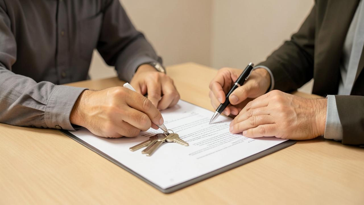 Seller and broker signing closing documents with house keys on the table