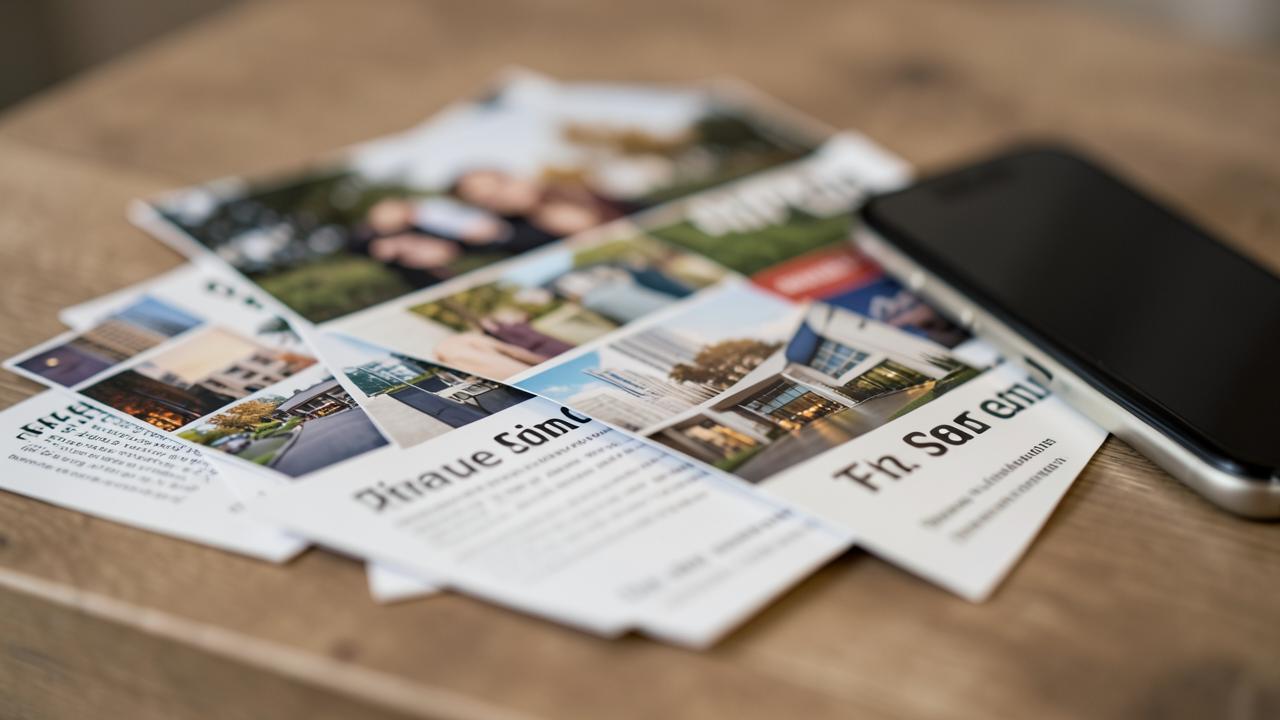 Printed property brochures and postcards beside a phone showing a listing ad