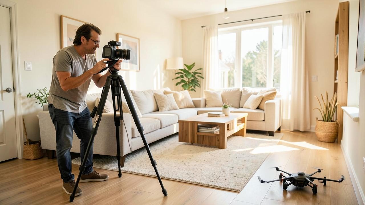 Professional real estate photographer shooting a staged living room